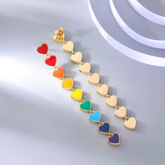Rainbow Heart Dangle Earrings in Gold - Picture 2 of 6